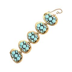 Signed Schiaparelli 5-Disc Cluster Faux Turquoise & Rhinestone Bracelet 8
