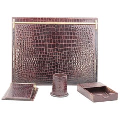 GUCCI Italian VINTAGE Brown Crocodile 4 PIECES DESK SET Blotter Notepad Pen Cup