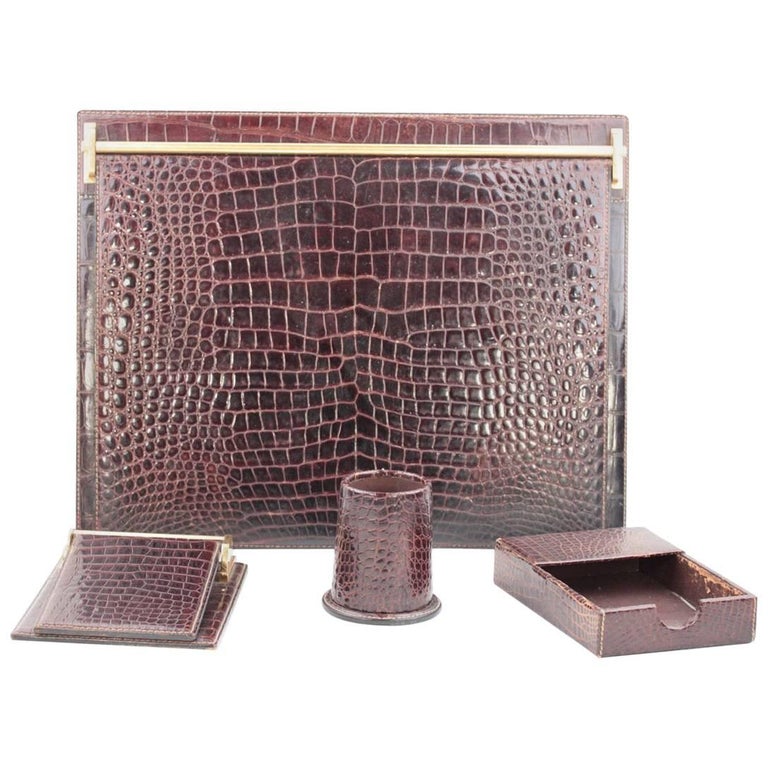 GUCCI Italian VINTAGE Brown Crocodile 4 PIECES DESK SET Blotter Notepad