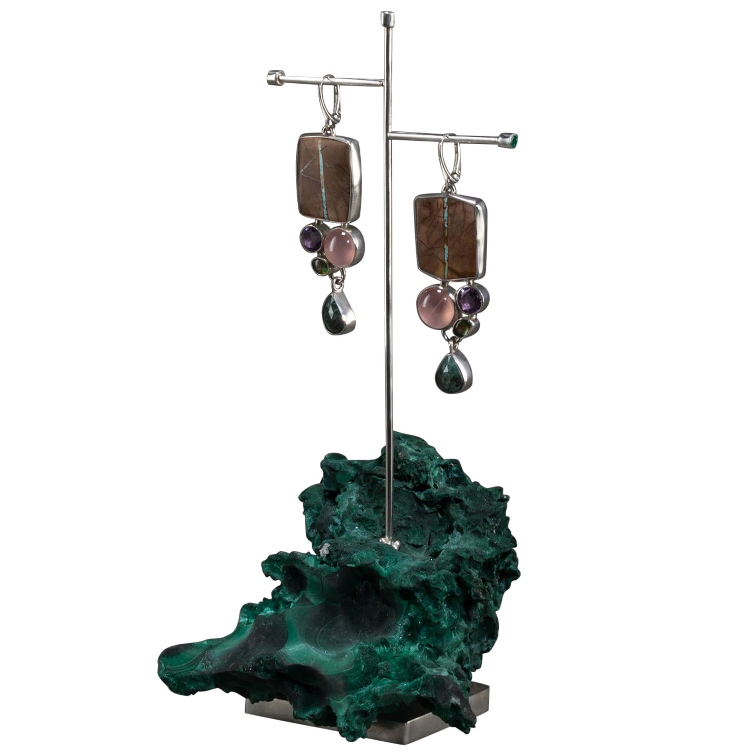 Studio Greytak 'Royston Turquoise Earrings on Malachite' Emerald & Rose Quartz For Sale