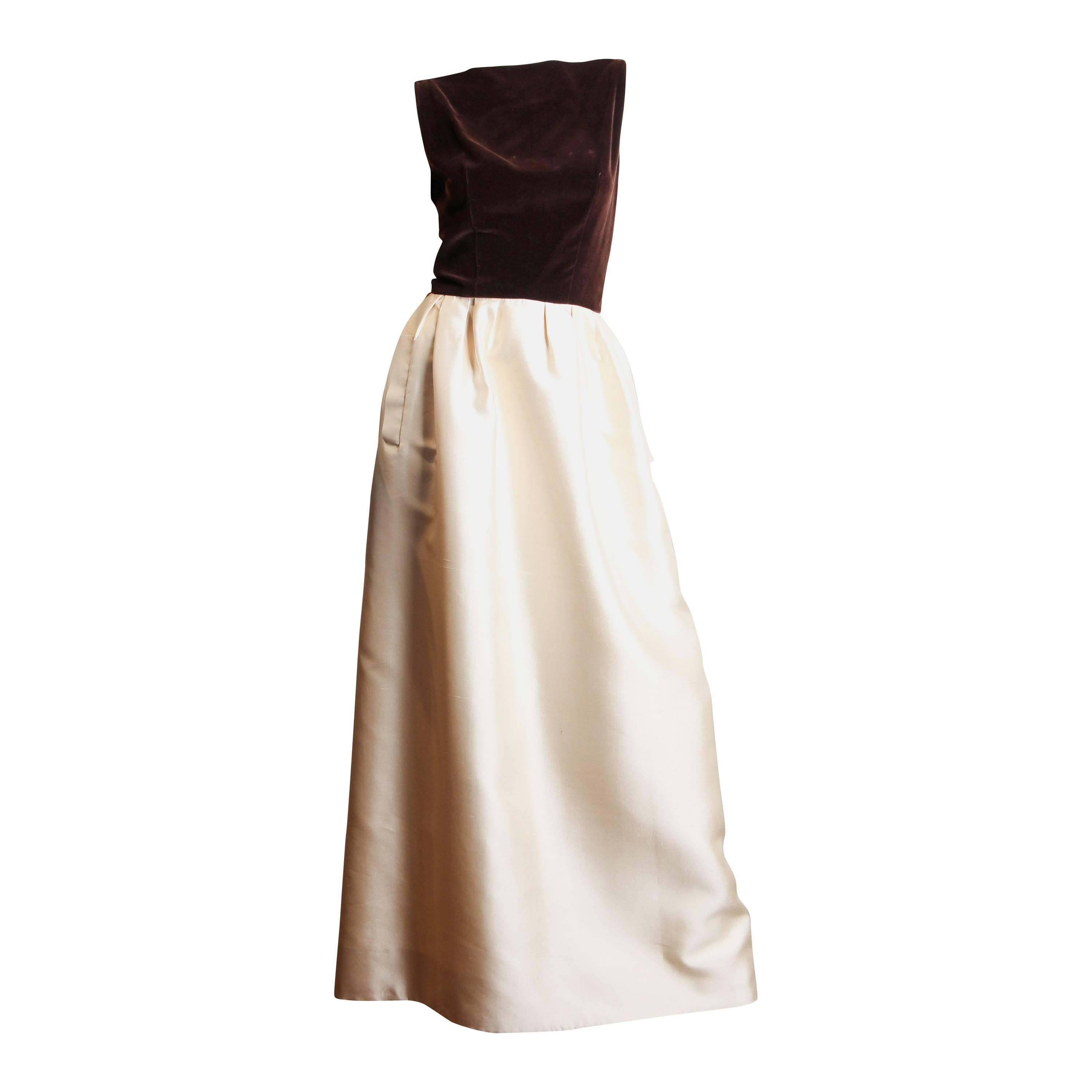 1950S NINA RICCI Ivory Silk & Brown Velvet Gown With Evening Cape For Sale