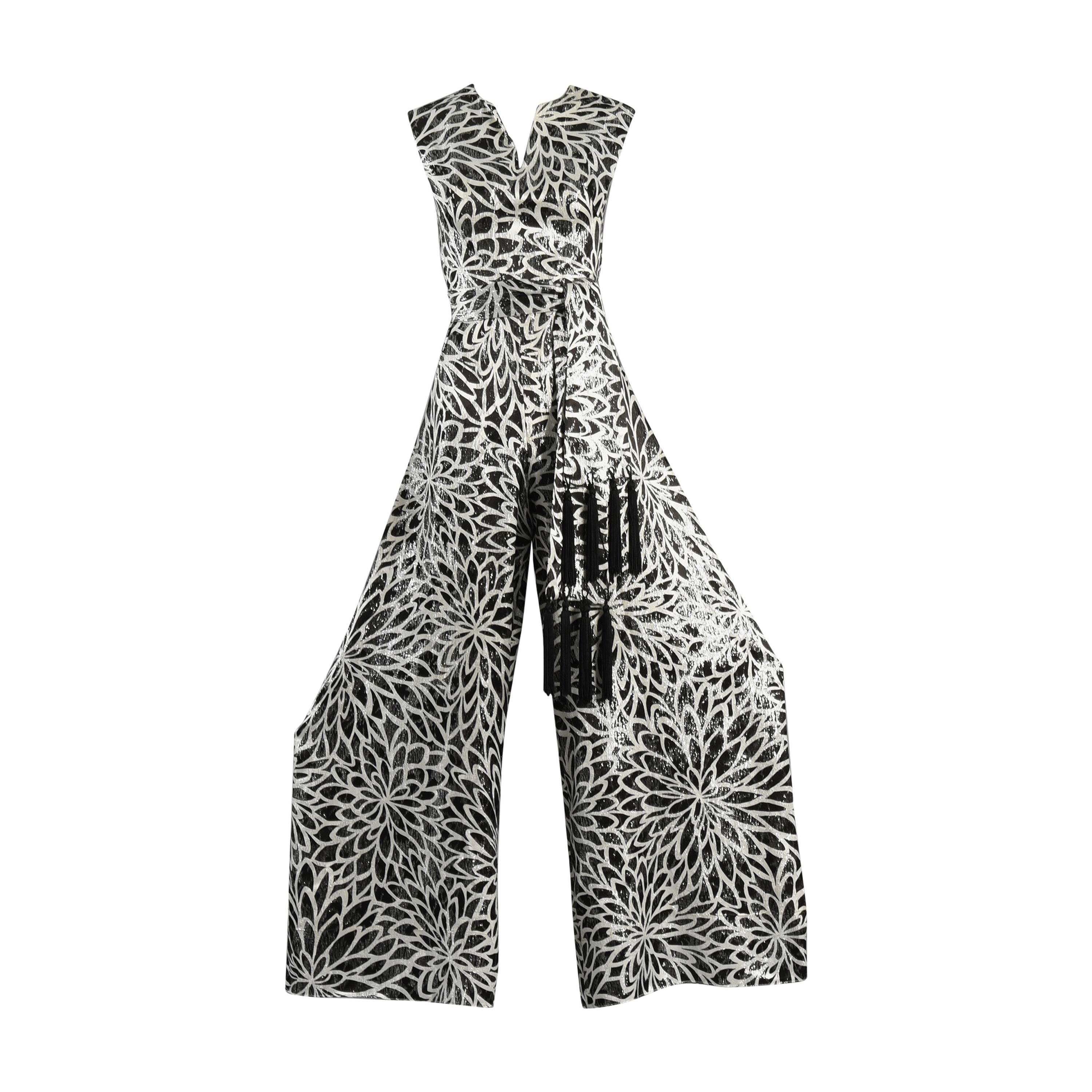 1960s Graphic Silver & Black Metallic Brocade Jumpsuit