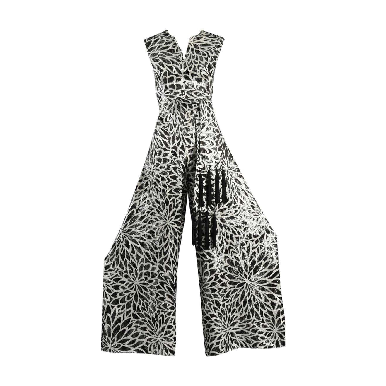 1960s Graphic Silver and Black Metallic Brocade Jumpsuit at 1stDibs