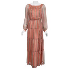 Vintage 1970s Givenchy Colorful Stripe Silk-Chiffon Billow Sleeve Bohemian Dress