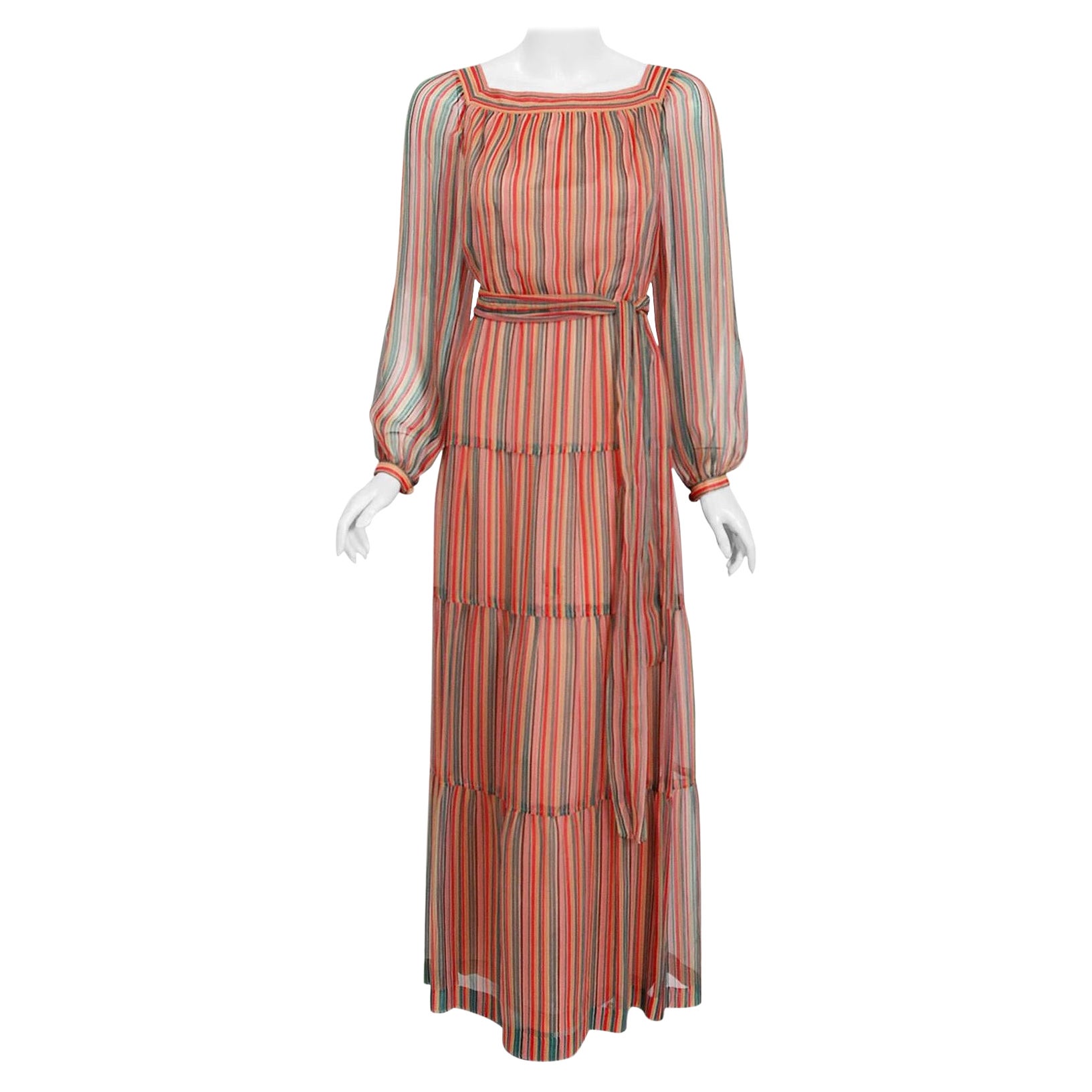 Vintage 1970s Givenchy Colorful Stripe Silk-Chiffon Billow Sleeve Bohemian Dress For Sale