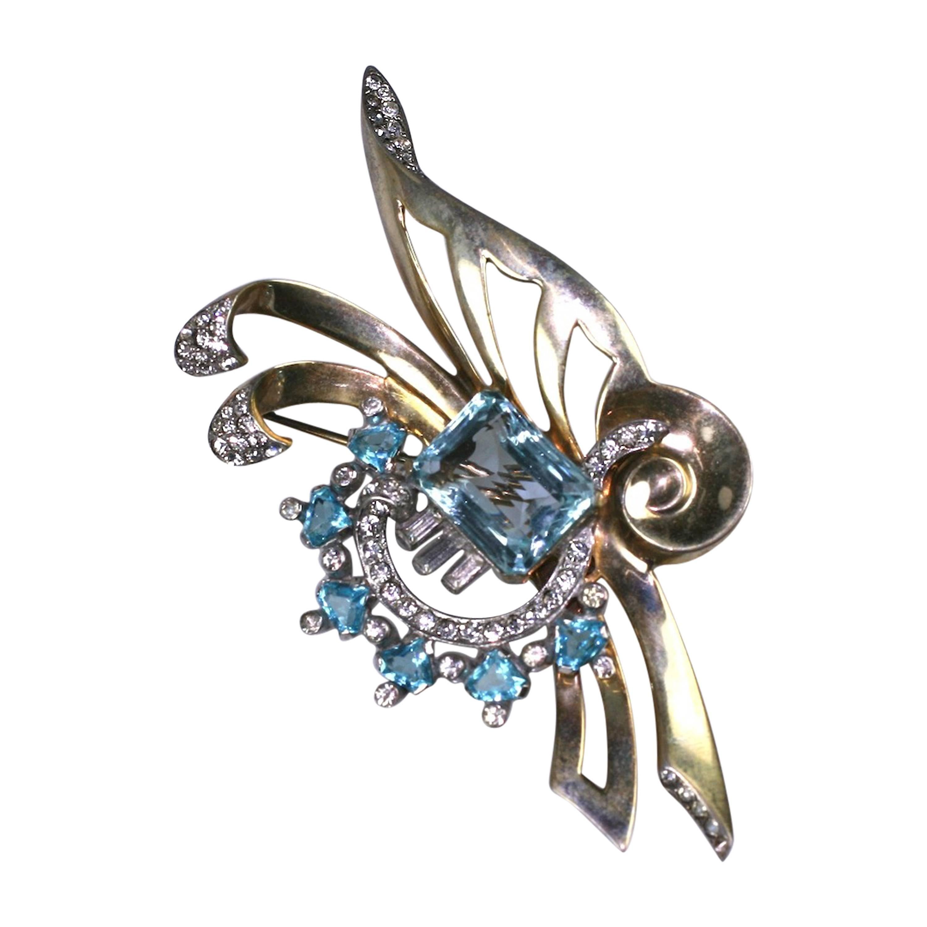 Mazer Brothers Retro Faux Aquamarine Brooch For Sale