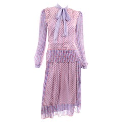 Vintage Designer Silk Chiffon 2 Pc Dress in Purple Yellow Pink Floral Print Pattern Mix