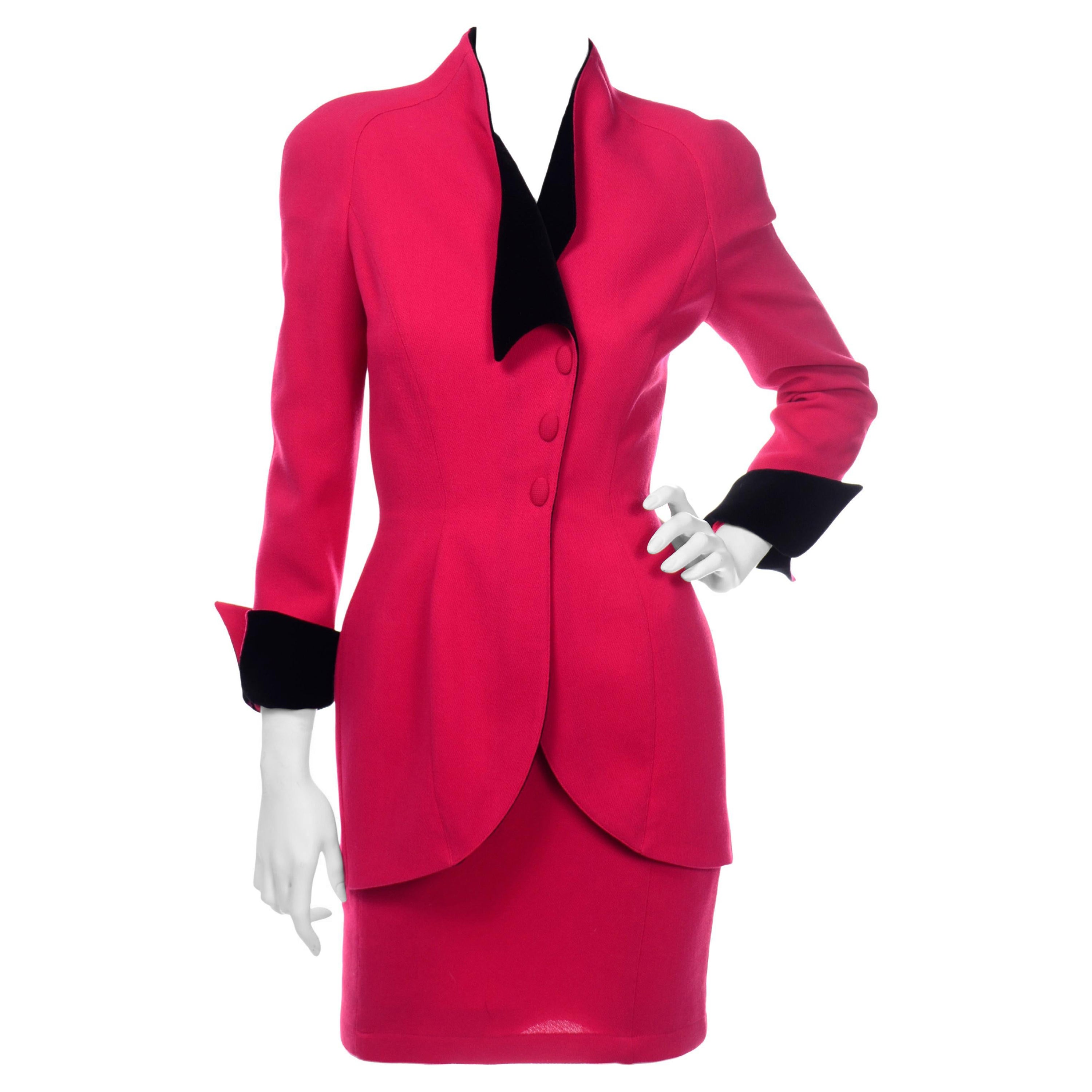 Thierry Mugler Vintage Strawberry Red Skirt & Blazer Suit w Black Velvet Trim