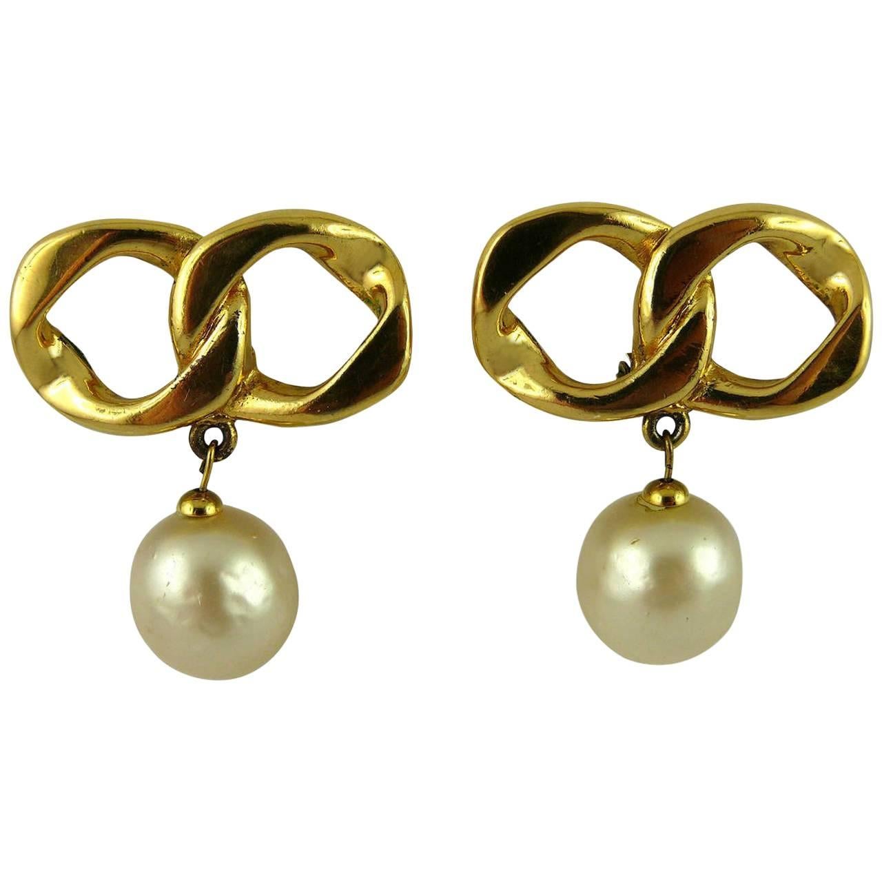 Chanel Vintage Iconic Chain & Pearl Dangling Earrings