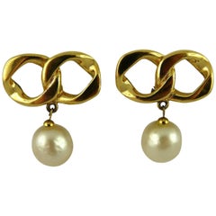 Chanel Vintage Iconic Chain 
Pearl Dangling Earrings