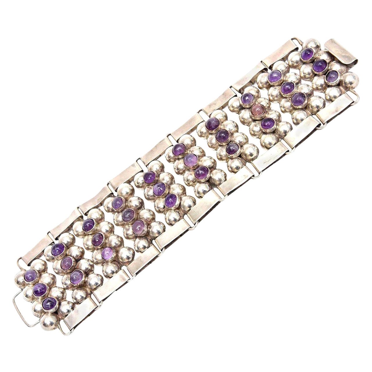  Sterling Silver & Amethyst Cuff Bracelet Mid Century Modern