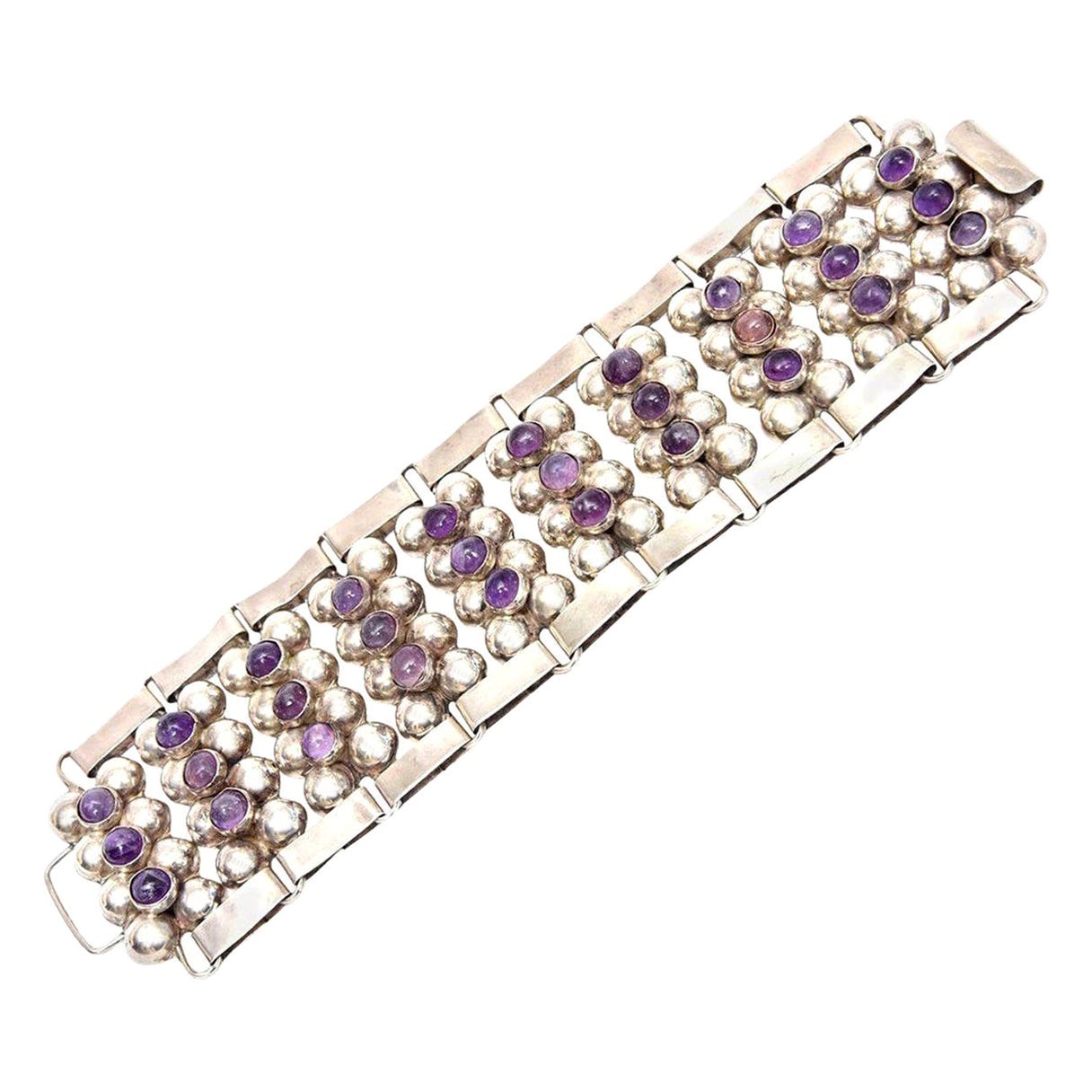 Sterling Silver & Amethyst Cuff Bracelet Mid Century Modern