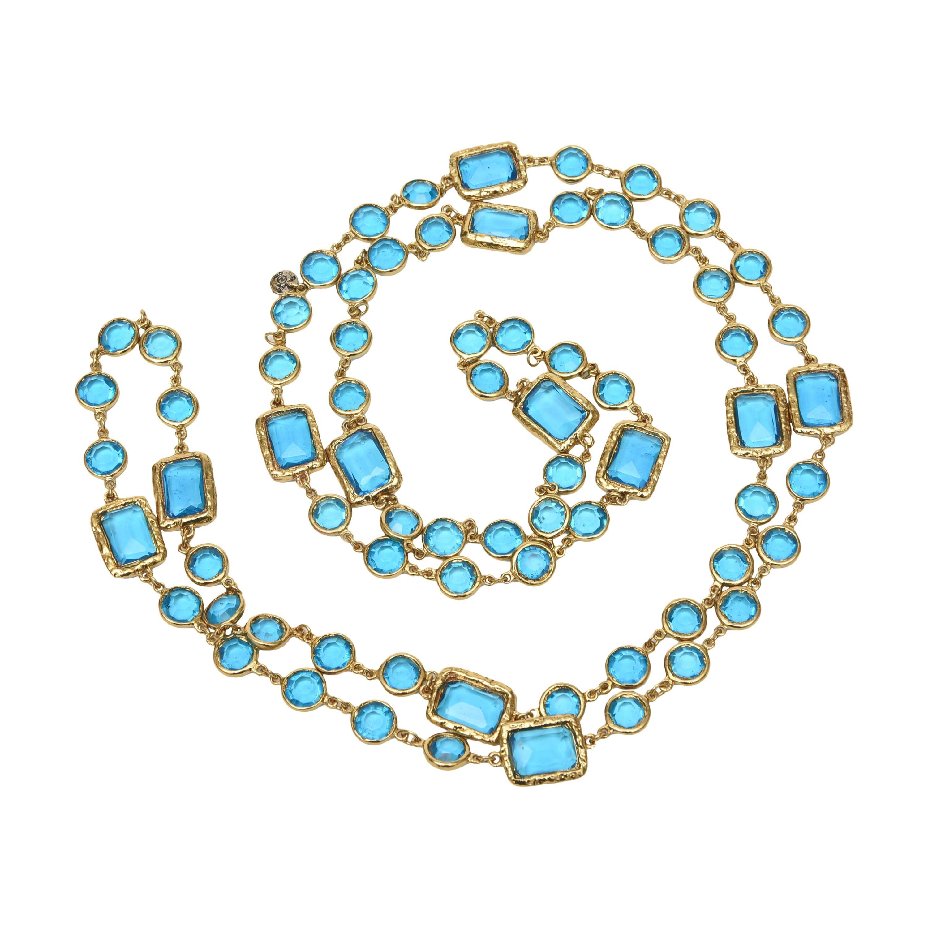Sapphire Blue Glass and Gold Plated Chanel Chicklet Necklace