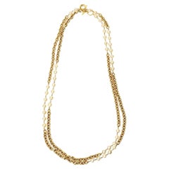 Vintage Chanel Chain and Faux Pearl Long Double Strand Necklace