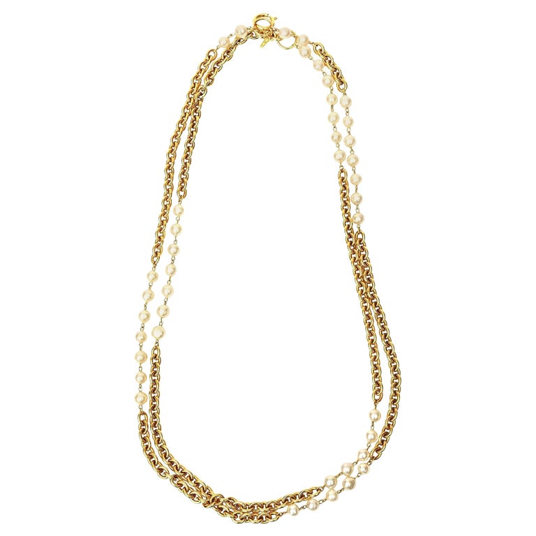 Chanel Chain and Faux Pearl Long Double Strand Necklace For Sale at 1stDibs