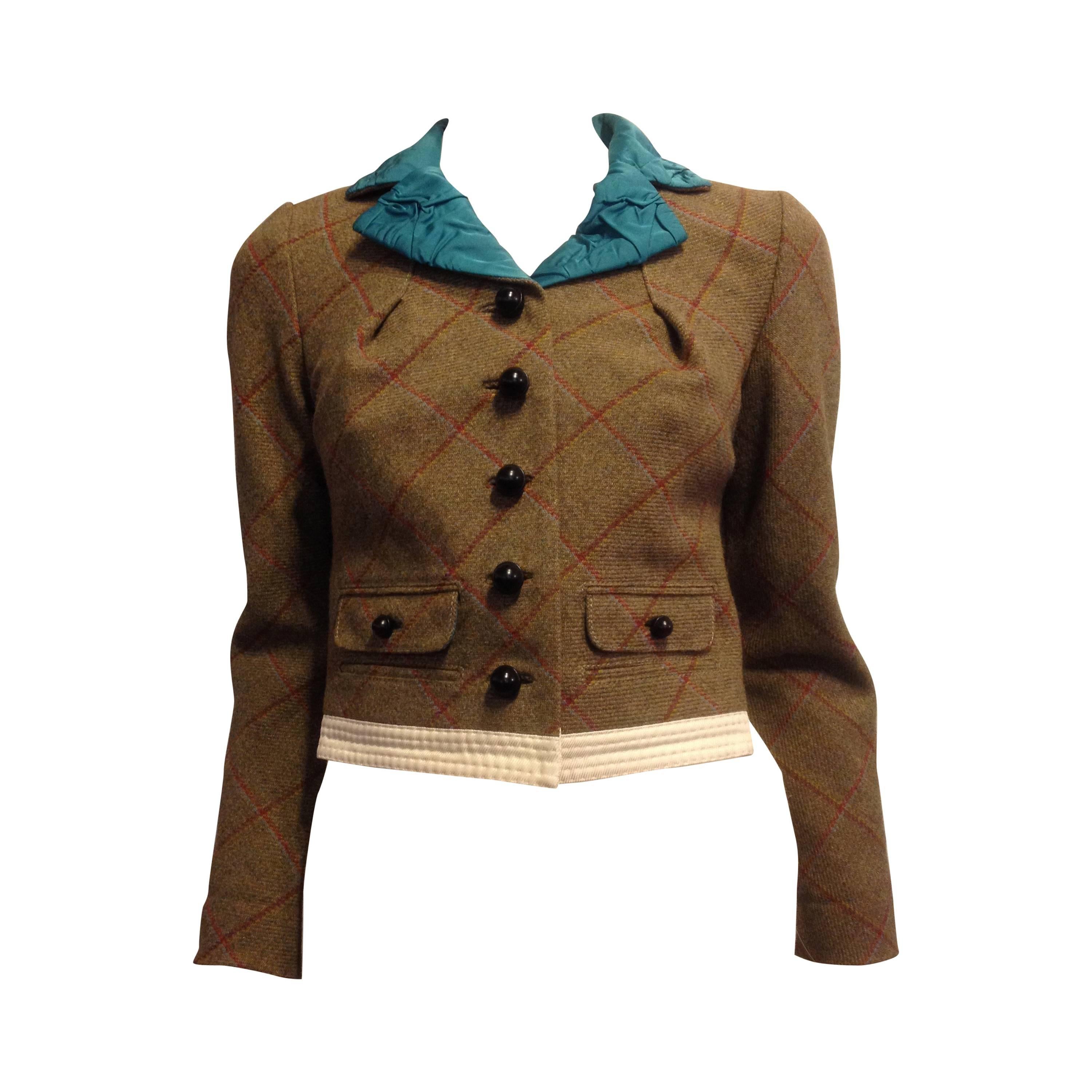 Louis Vuitton Olive Wool Jacket with Teal Lapels For Sale