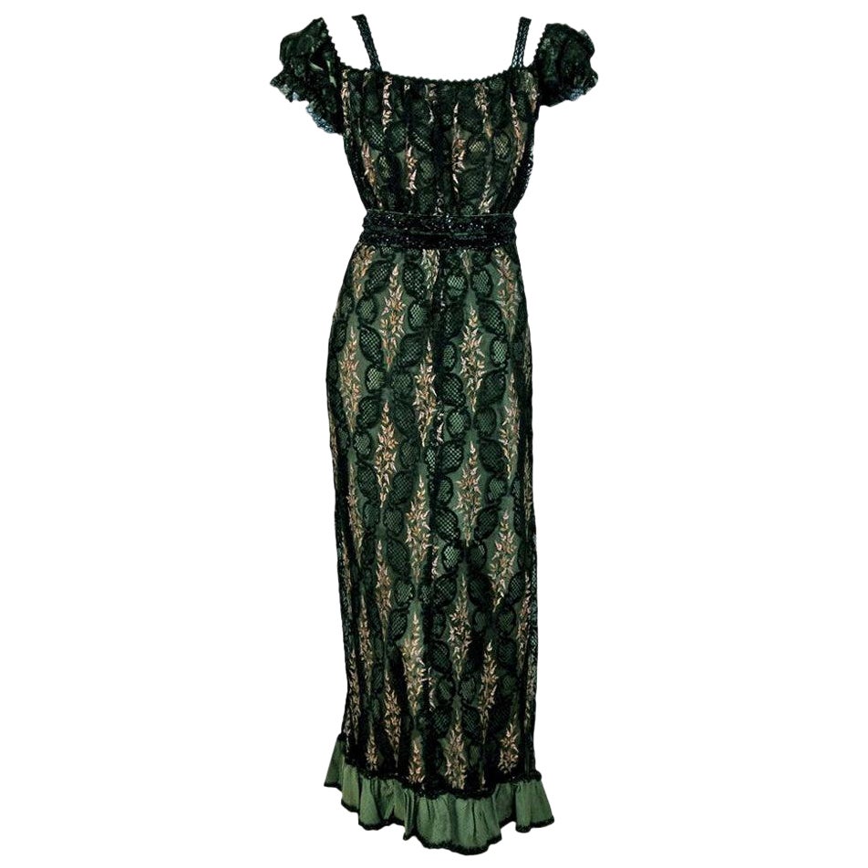 Vintage Antique 1910's Edwardian Sage-Green Beaded Floral Lace Off-Shoulder Gown