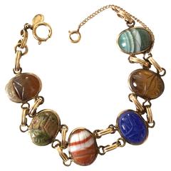 Vintage Early 1970's Scarab Stone Charm Bracelet - 12K GF