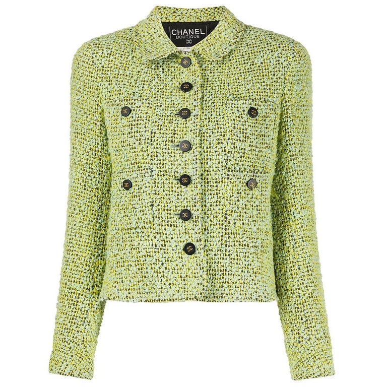 Chanel Green Bouclé Tweed Jacket at 1stDibs | chanel green jacket, chanel  green coat, green chanel jacket