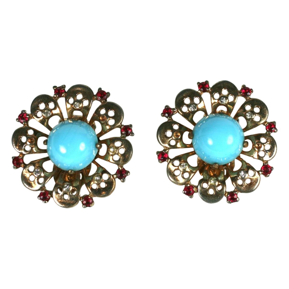 Trifari Retro Sterling Turquoise Earrings, Alfred Phillipe For Sale