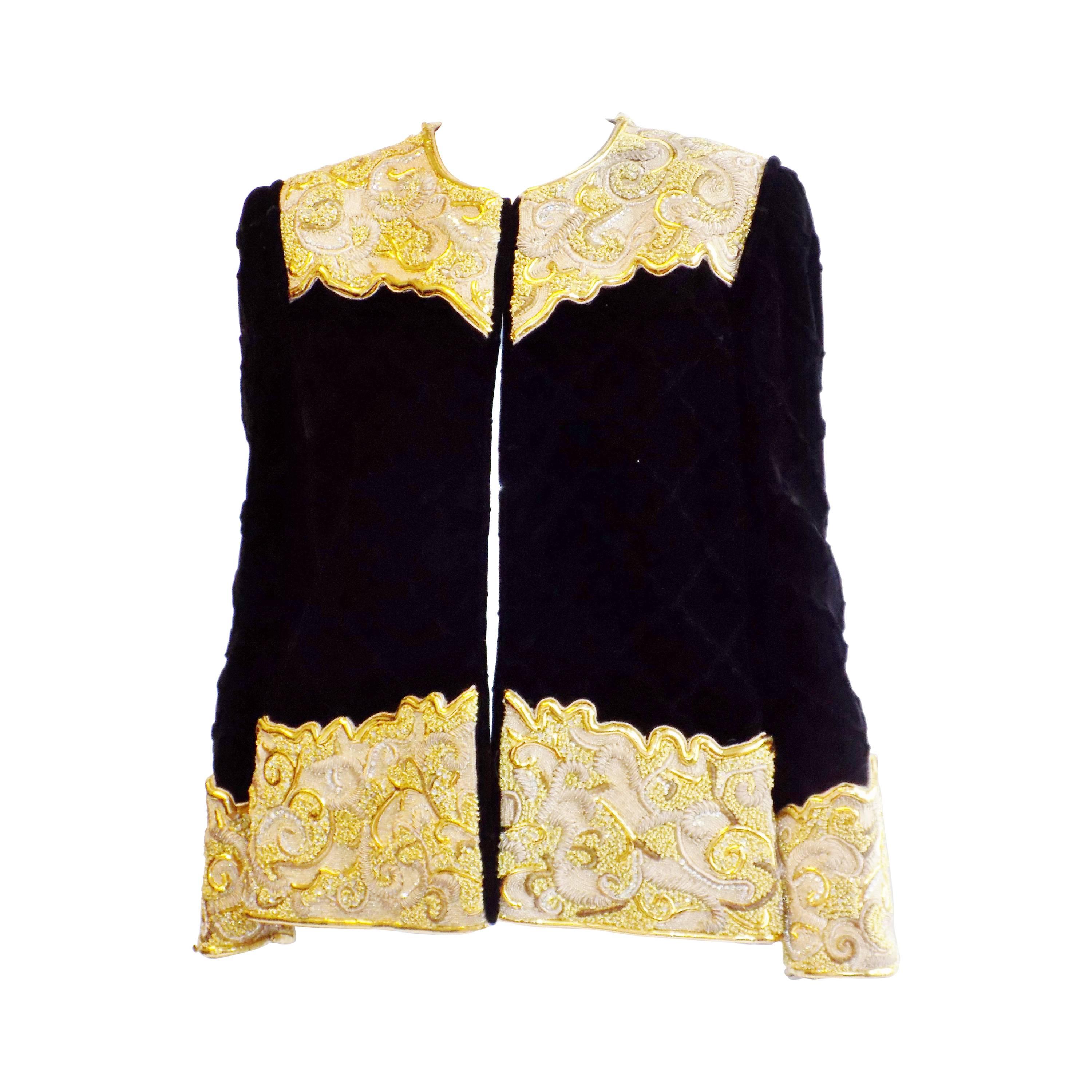 Michael NOVARESE Vintage  velvet  diamond quilt gold embroidery beaded jacket For Sale