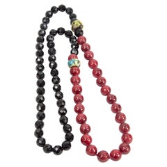 Vintage Striking Black Jet and Red Agate Beads Runway Necklace