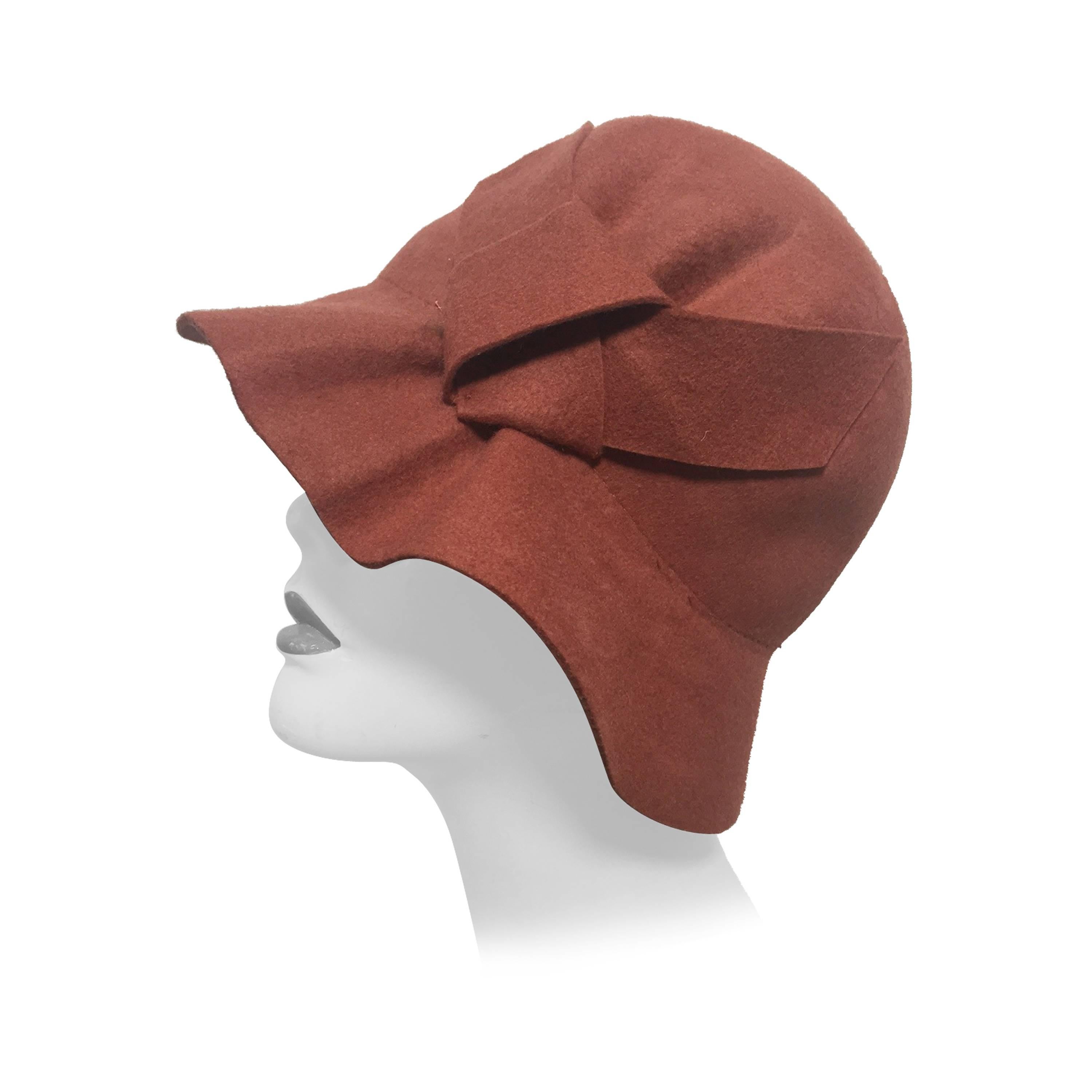1960s  Cinnamon Wool Felt "Greta Garbo Style" Cloche Hat with Pleated Detail