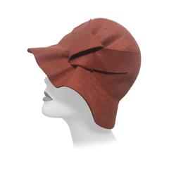 1960s  Cinnamon Wool Felt "Greta Garbo Style" Cloche Hat with Pleated Detail