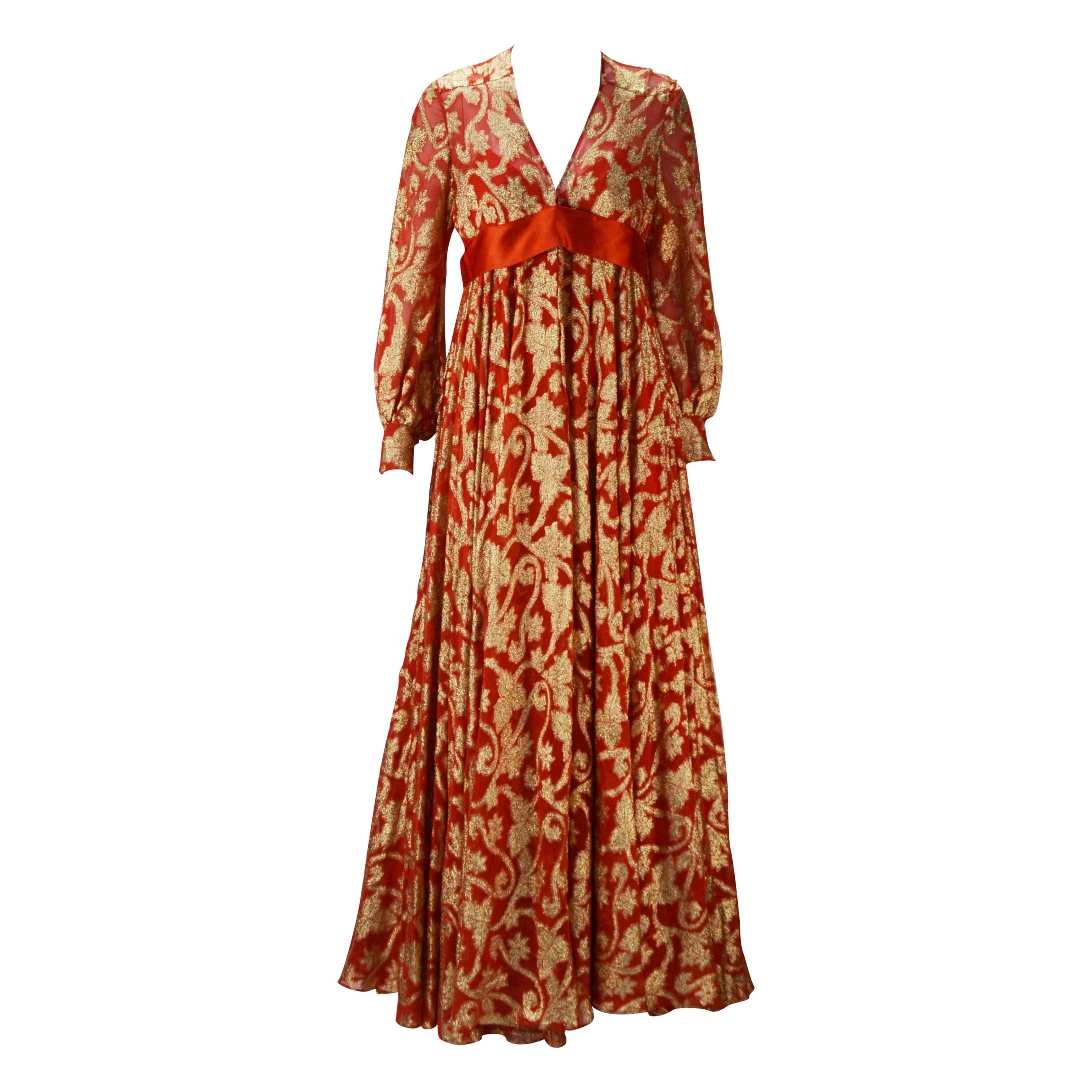 Late 60
s Marc Bohan Christian Dior Red w/Gold Metallic Evening Dress 
Shawl