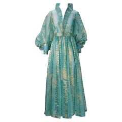 Vintage Sheer Light Blue and Gold Metallic Hostess Over Gown, 1970s