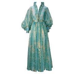 1970s Sheer Light Blue and Gold Metallic Hostess Gown 1