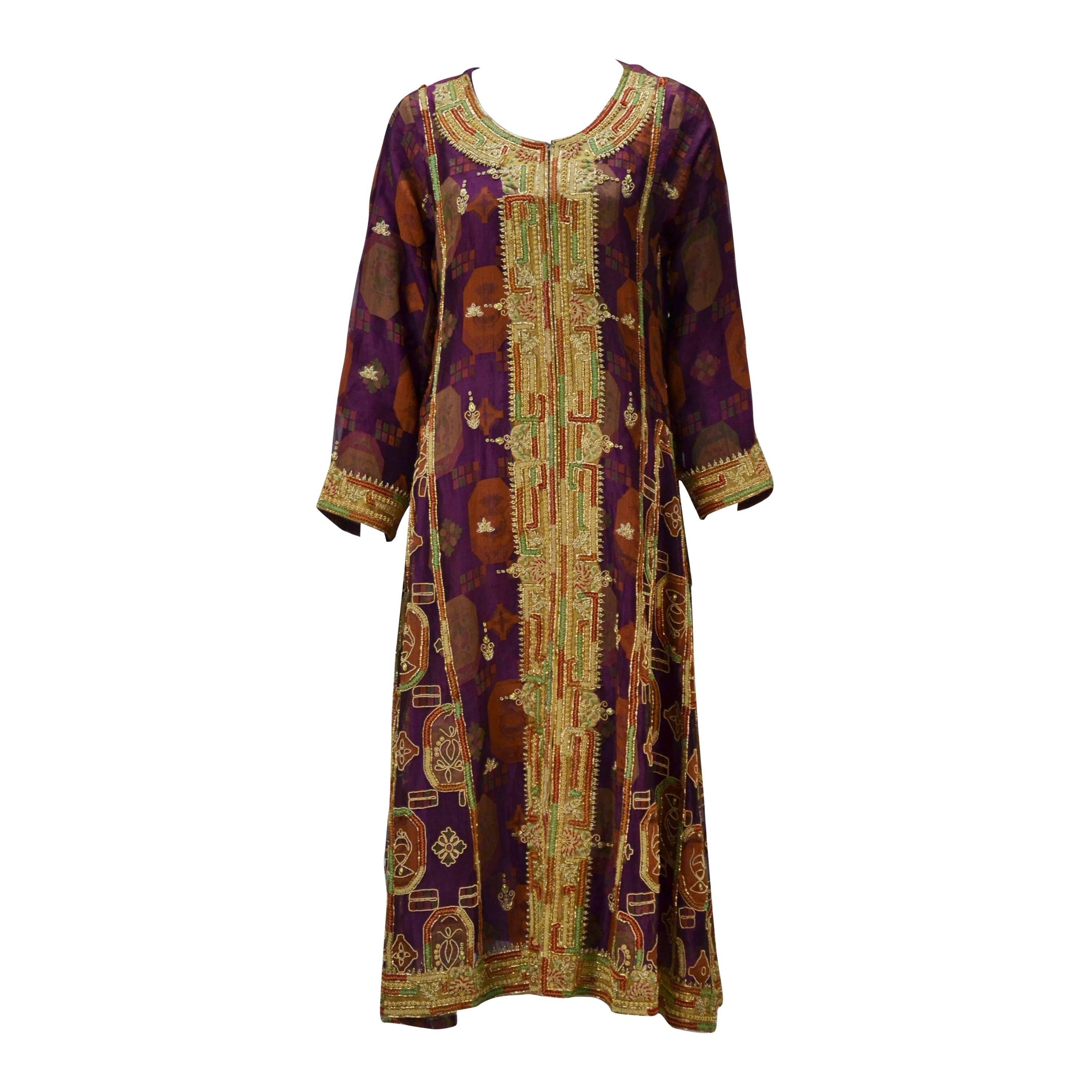 1970s Indian Multi Color Embroidered Kaftan Ensemble For Sale