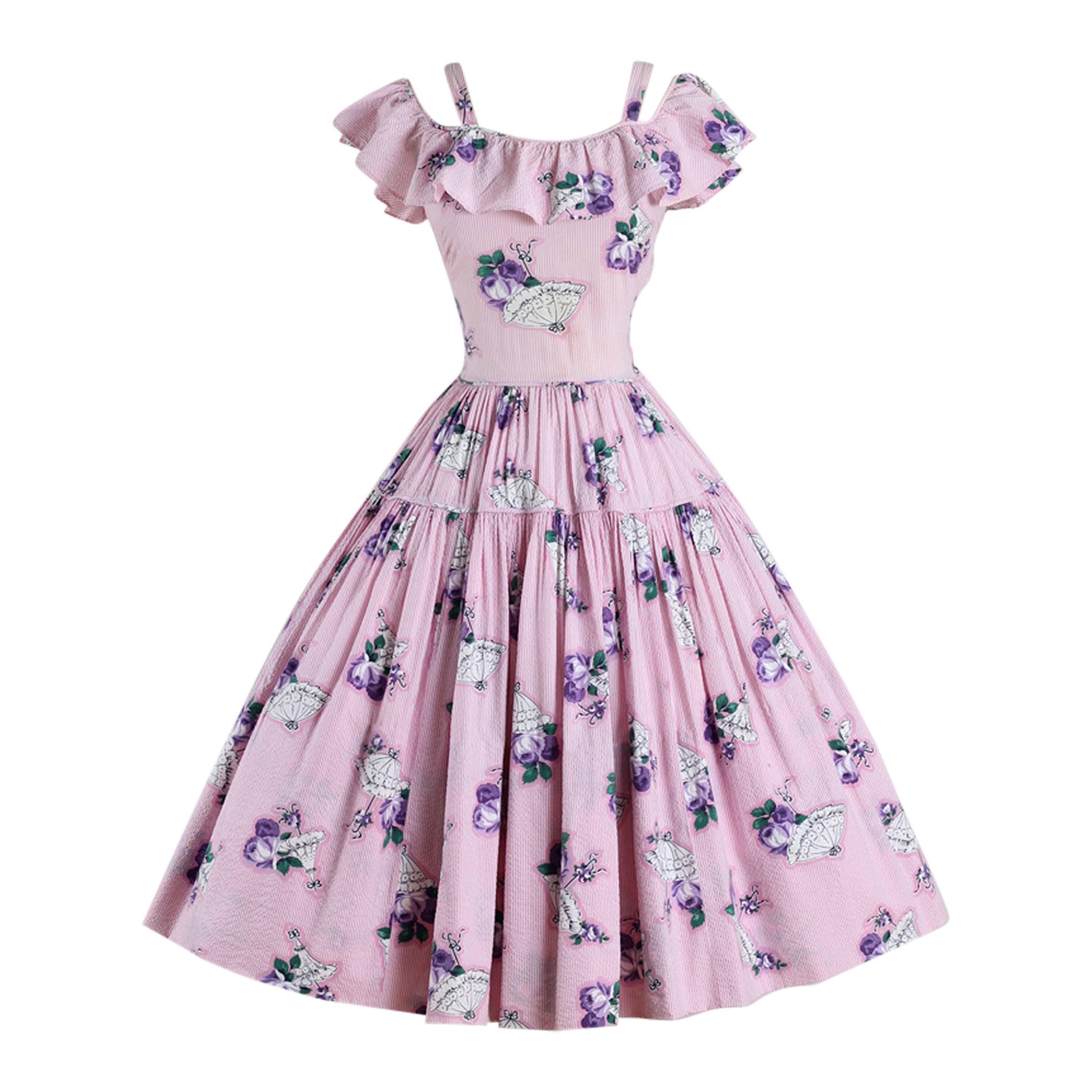 Vintage 1940s Pink Umbrella and Rose Print Dress