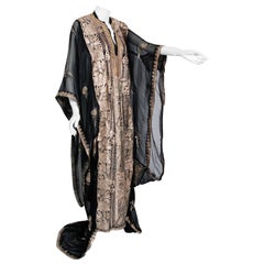 Used 1930's Metallic Gold Embroidered Sheer Black Silk Chiffon Couture Caftan