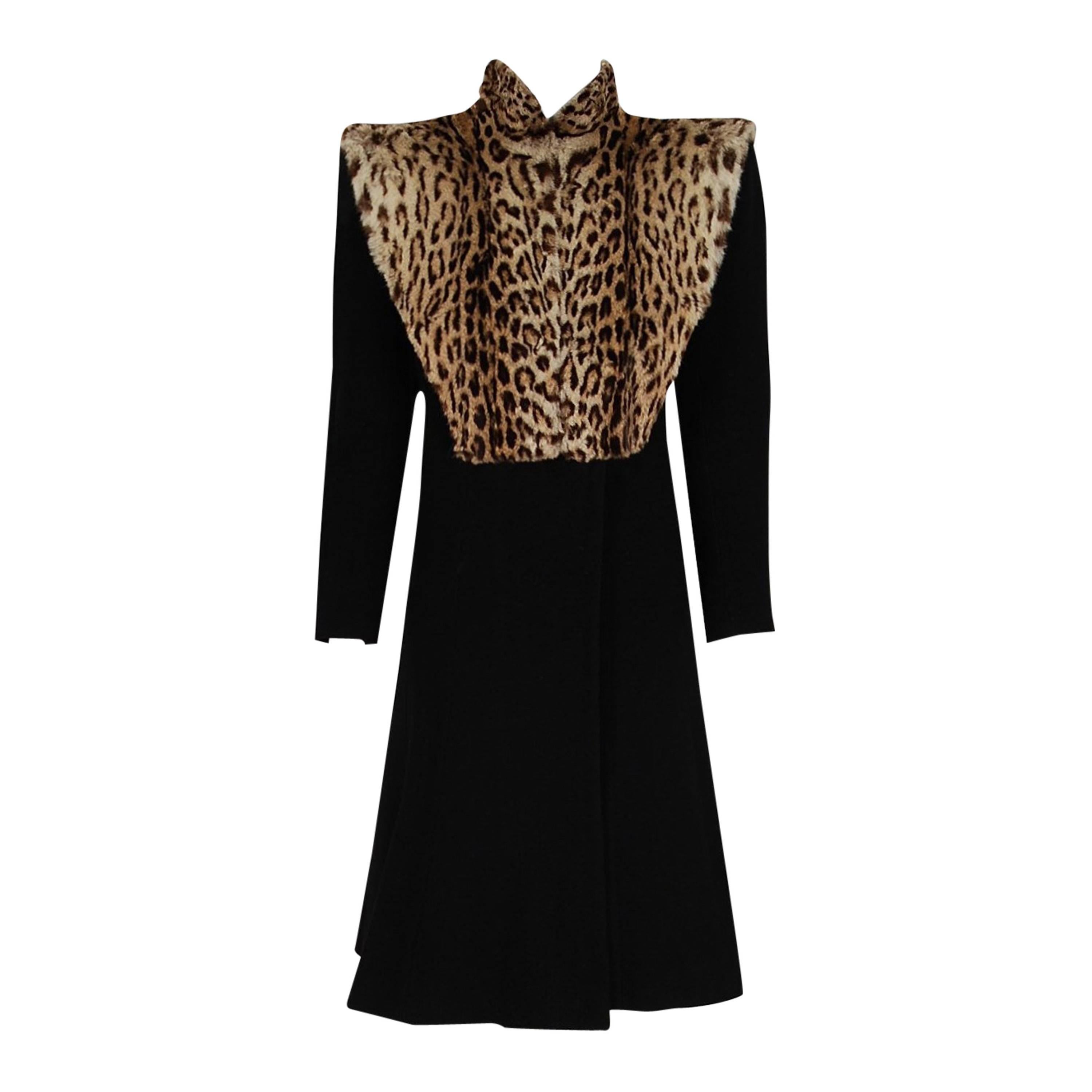 1940's Luxurious Black Wool-Crepe & Geoffroy-Cat Fur Bib Tailored Princess Coat