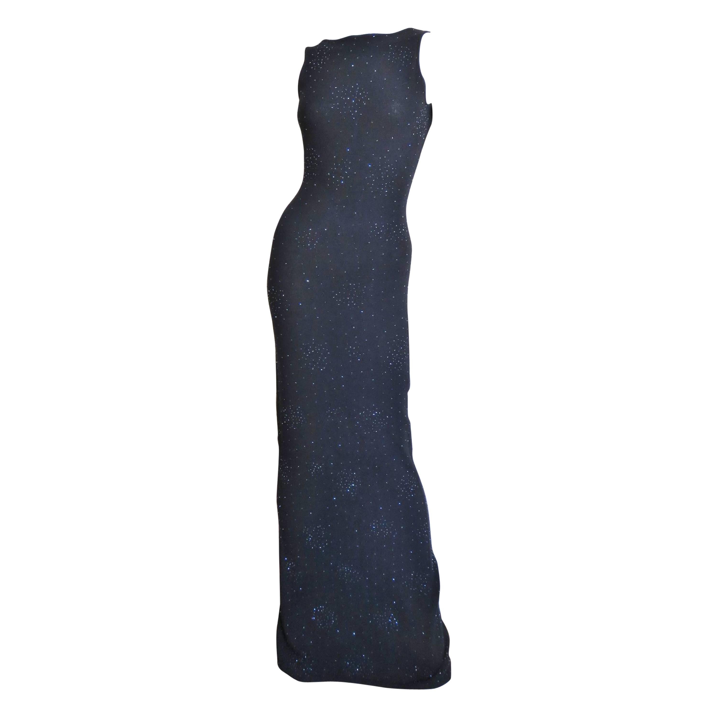 Vintage Halston Grey Cashmere Beaded Plunge Back Column Maxi