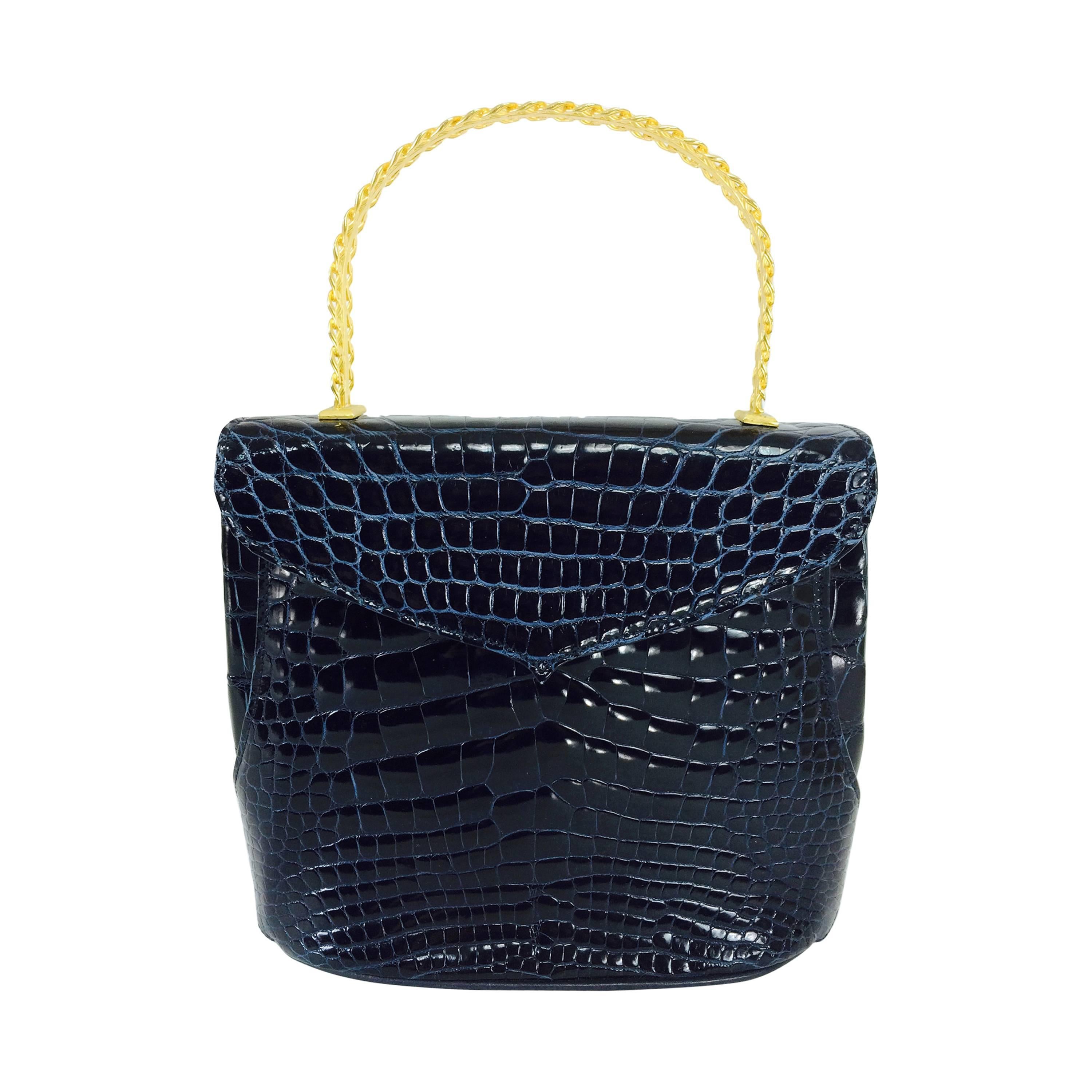 Lana Marks Lana of London navy blue glazed alligator handbag 1980s