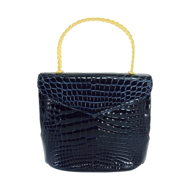 Lana Marks Lana of London navy blue glazed alligator handbag 1980s For Sale