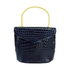 Lana Marks Lana of London navy blue glazed alligator handbag 1980s 1