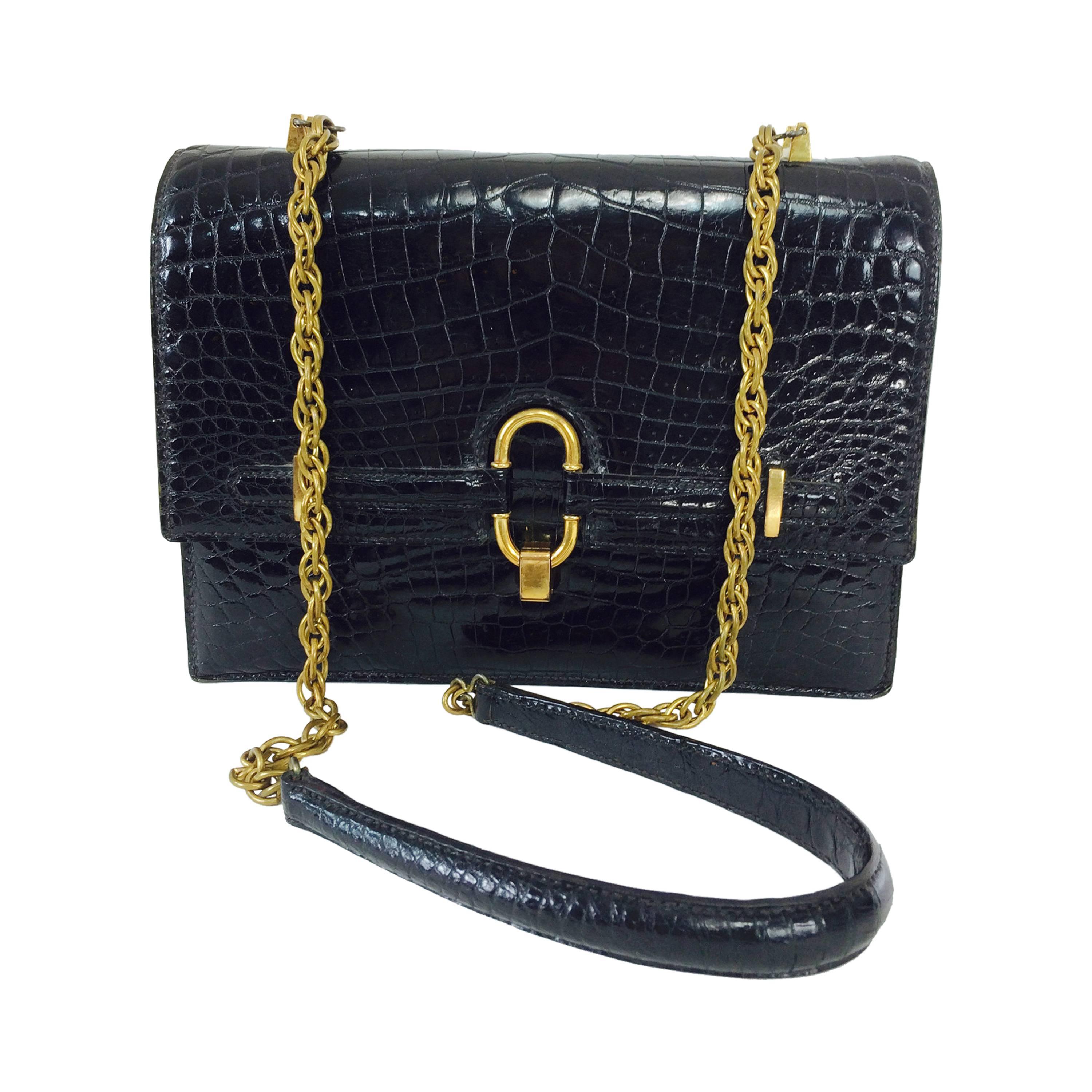 Crocodile shoulder bag with glazed black skins & gold plated hardware 1970s