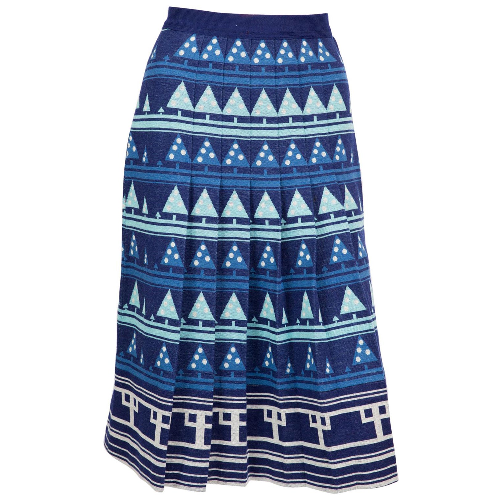 1970s Lanvin Blue Geometric Wool Pleated Skirt For Sale