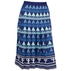 1970s Lanvin Blue Geometric Wool Pleated Skirt