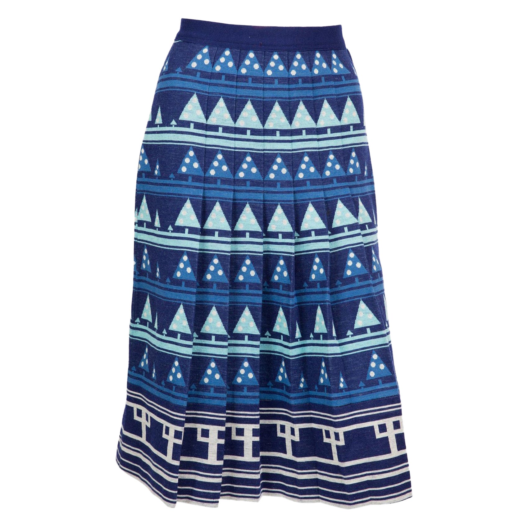 1970s Lanvin Blue Geometric Wool Pleated Skirt