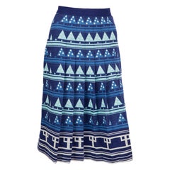 Falda plisada de lana geométrica azul Lanvin de los años 70