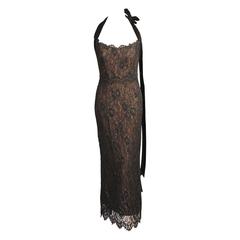 Bob Mackie Lace over Nude Silk Halter Dress 12