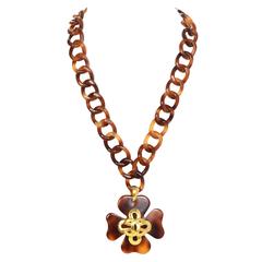Chanel Vintage '95 Tortoise & Gold Four Leaf Clover Necklace