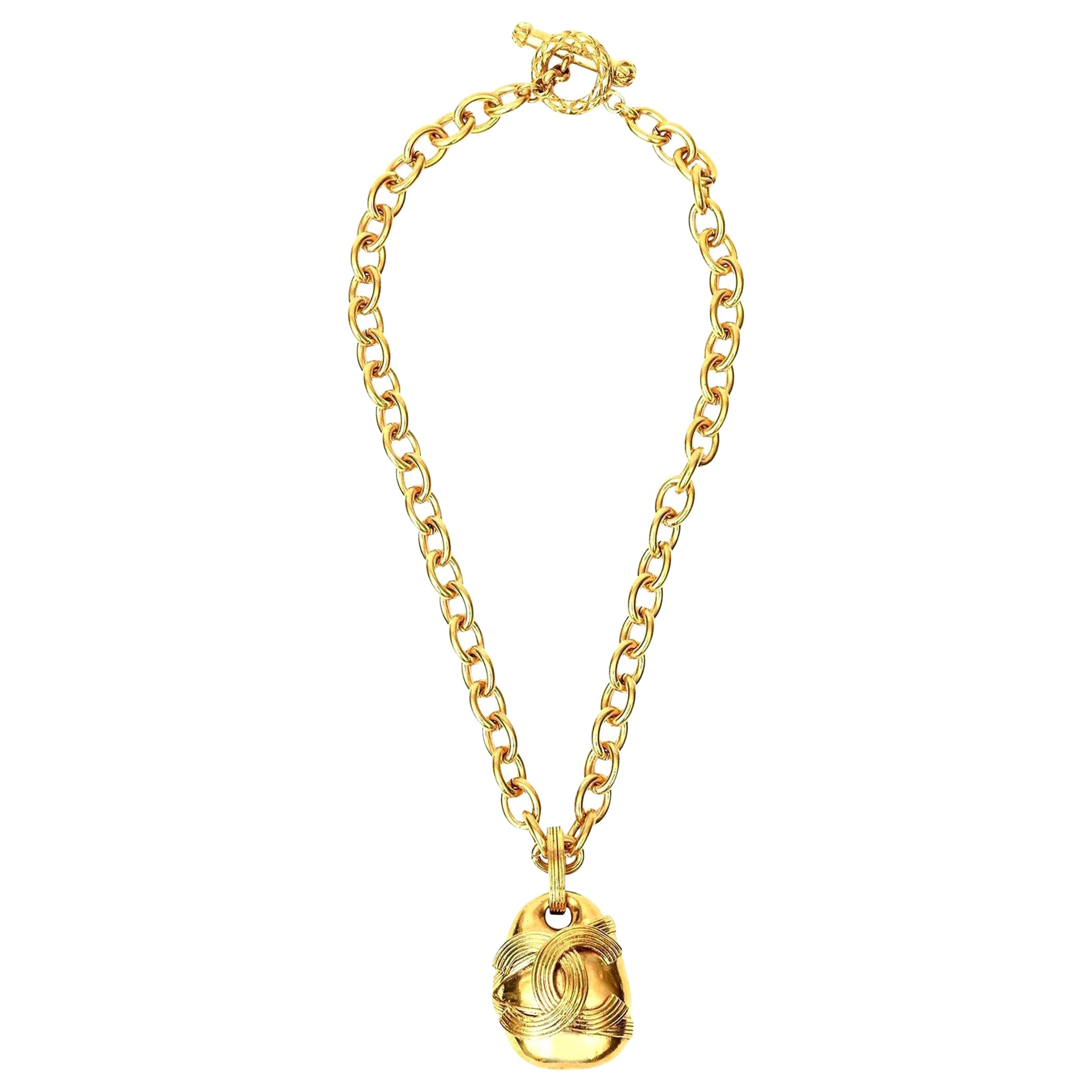 Chanel Large Quilted Bag Charm Pendant Necklace on Triple Link Chain