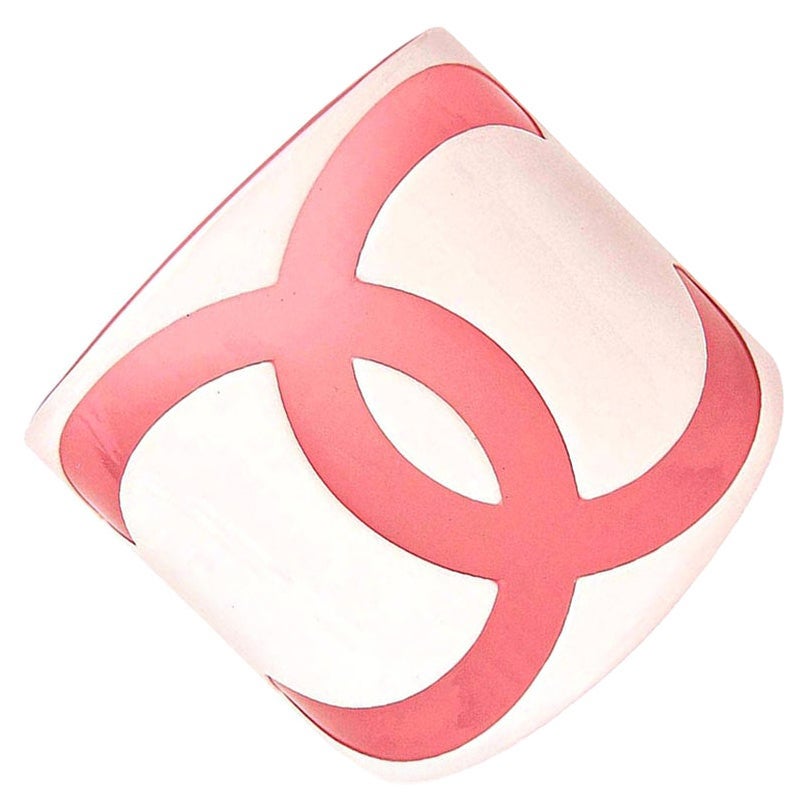 Chanel CC Pink and White Plastic Wide Cuff Bracelet