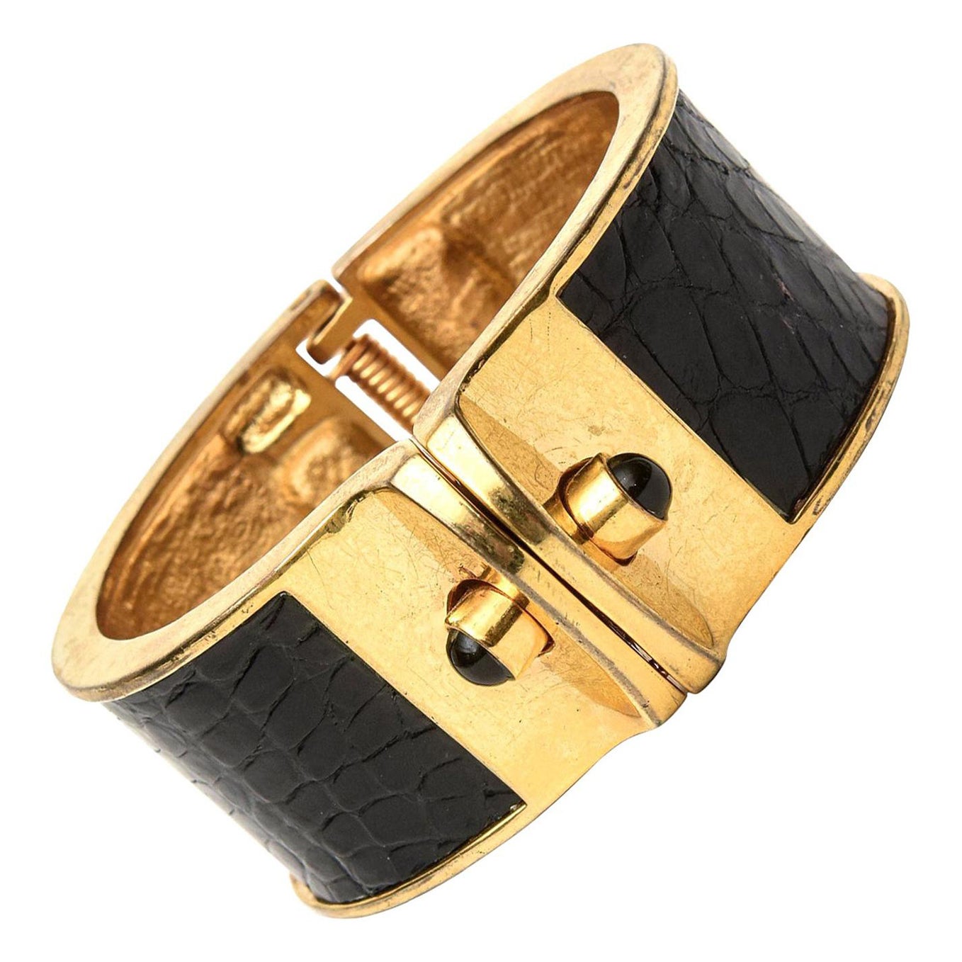 Kara Ross Stamped Leather and Gold Plated Hinged Cuff Bracelet For Sale