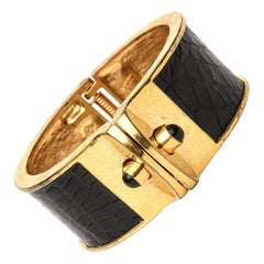 Retro Kara Ross Stamped Leather and Gold Plated Hinged Cuff Bracelet